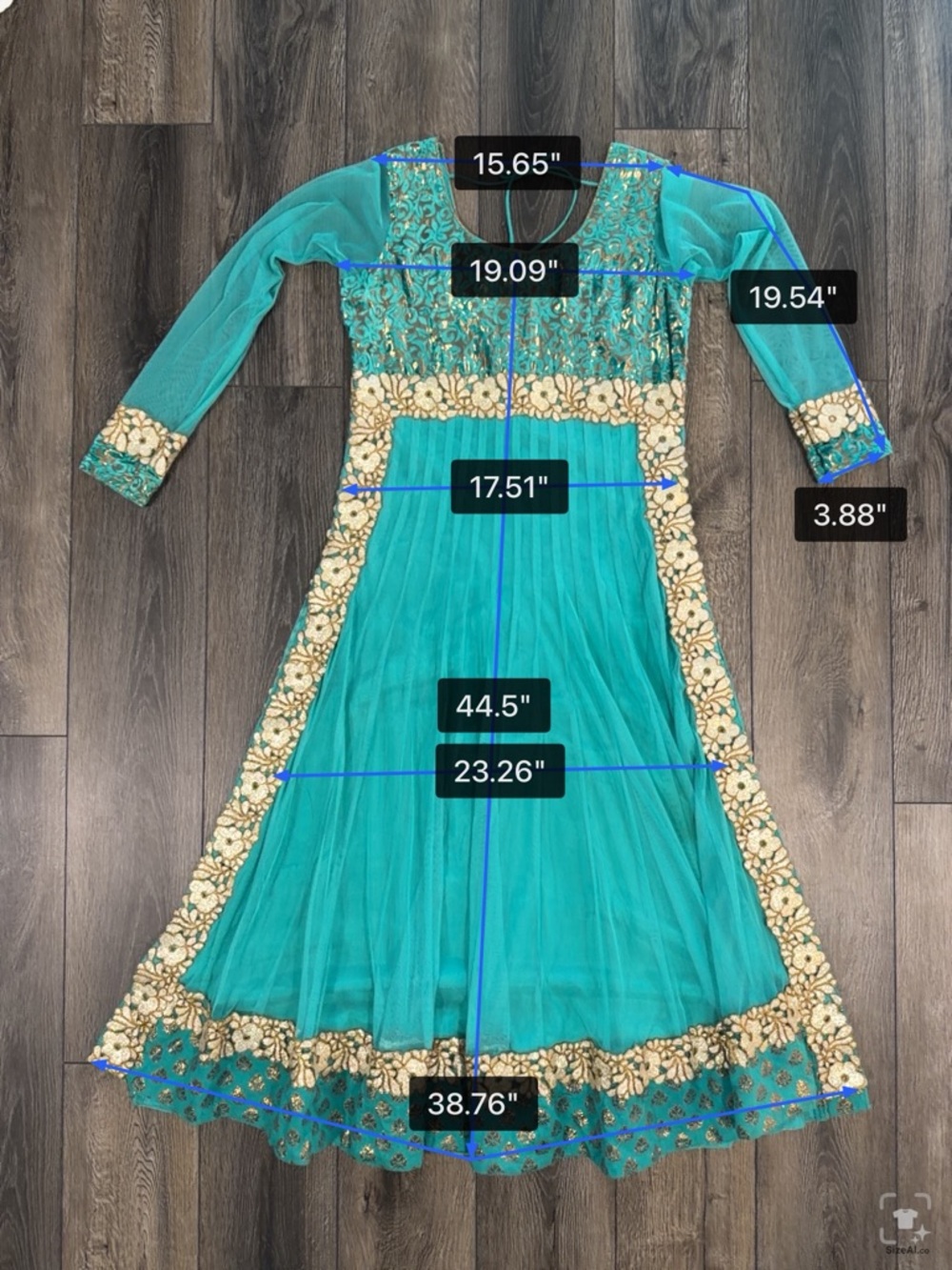 Turquoise Gold Anarkali Maxi Dress Indian Wedding Guest Bollywood Gown Medium - Picture 14 of 16